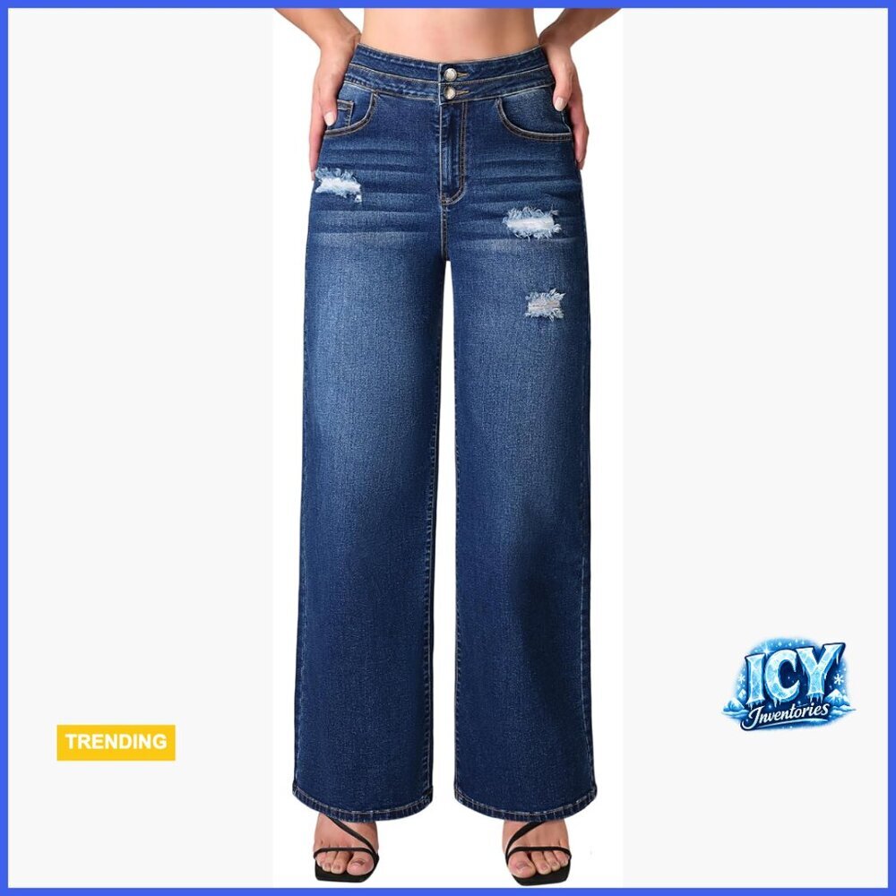 Stretchy Loose Wide Leg High Waisted Baggy Denim Distressed Jeans